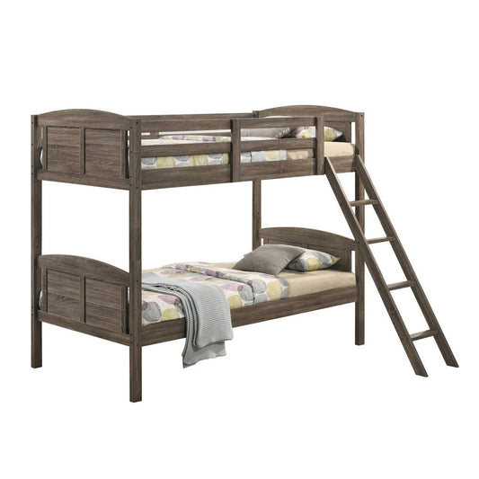 Twin Over Twin Bunk Beds, Curved Headboards, Ladder, Straight Legs, Brown By Casagear Home