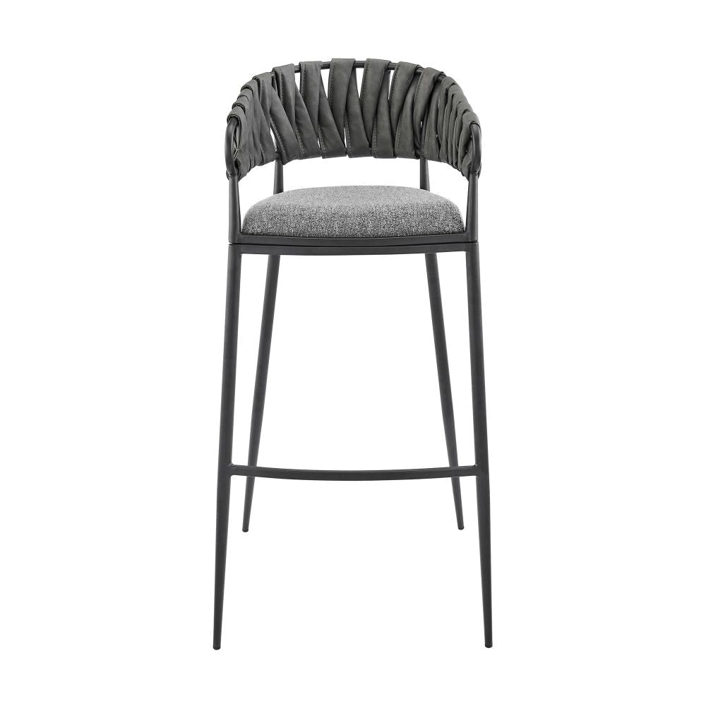 Viji 26 Inch Counter Stool Chair Gray Faux Leather Fabric Back Black Iron By Casagear Home BM298913