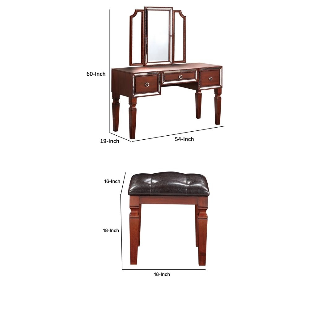 Thuy 60 Inch Vanity Desk Set Upholstered Stool Trifold Mirror Brown By Casagear Home BM299056