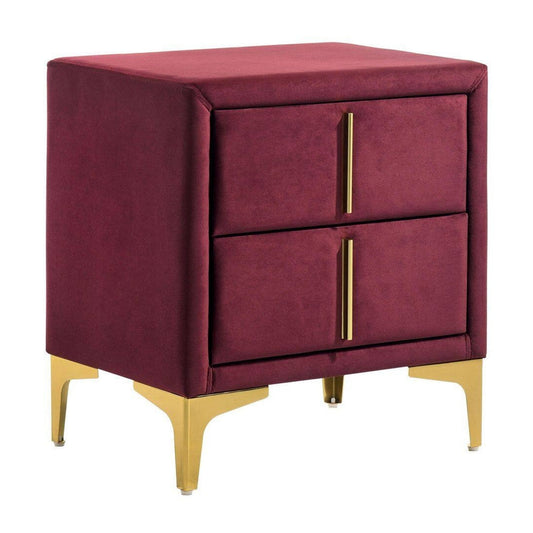 Bios 24 Inch Nightstand, 2 Drawers, Red Vegan Faux Leather, Gold Accents By Casagear Home