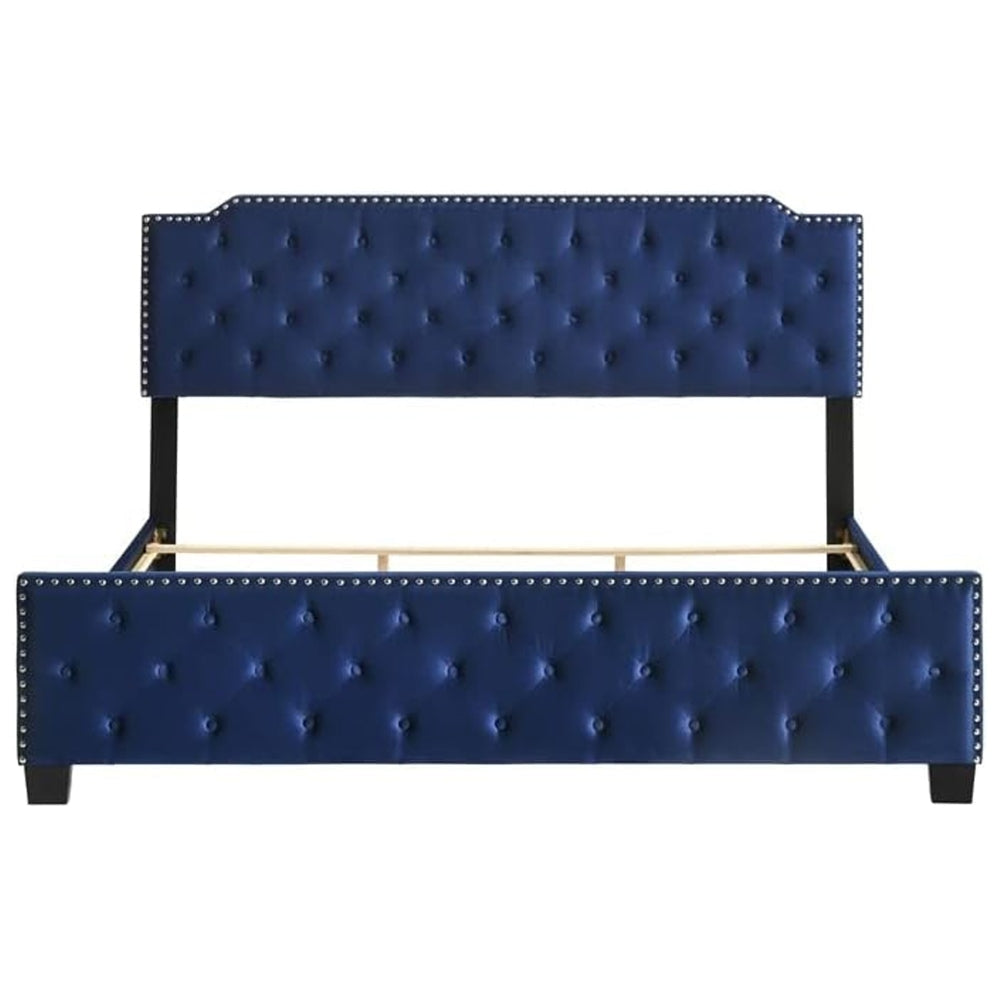 Agapi Queen Size Bed Button Tufted Nailhead Trim Blue Fabric Upholstery By Casagear Home BM302197