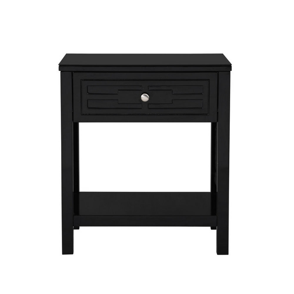 Fimo 27 Inch Nightstand with Drawer and Shelf Glass Top Modern Black Wood By Casagear Home BM302305