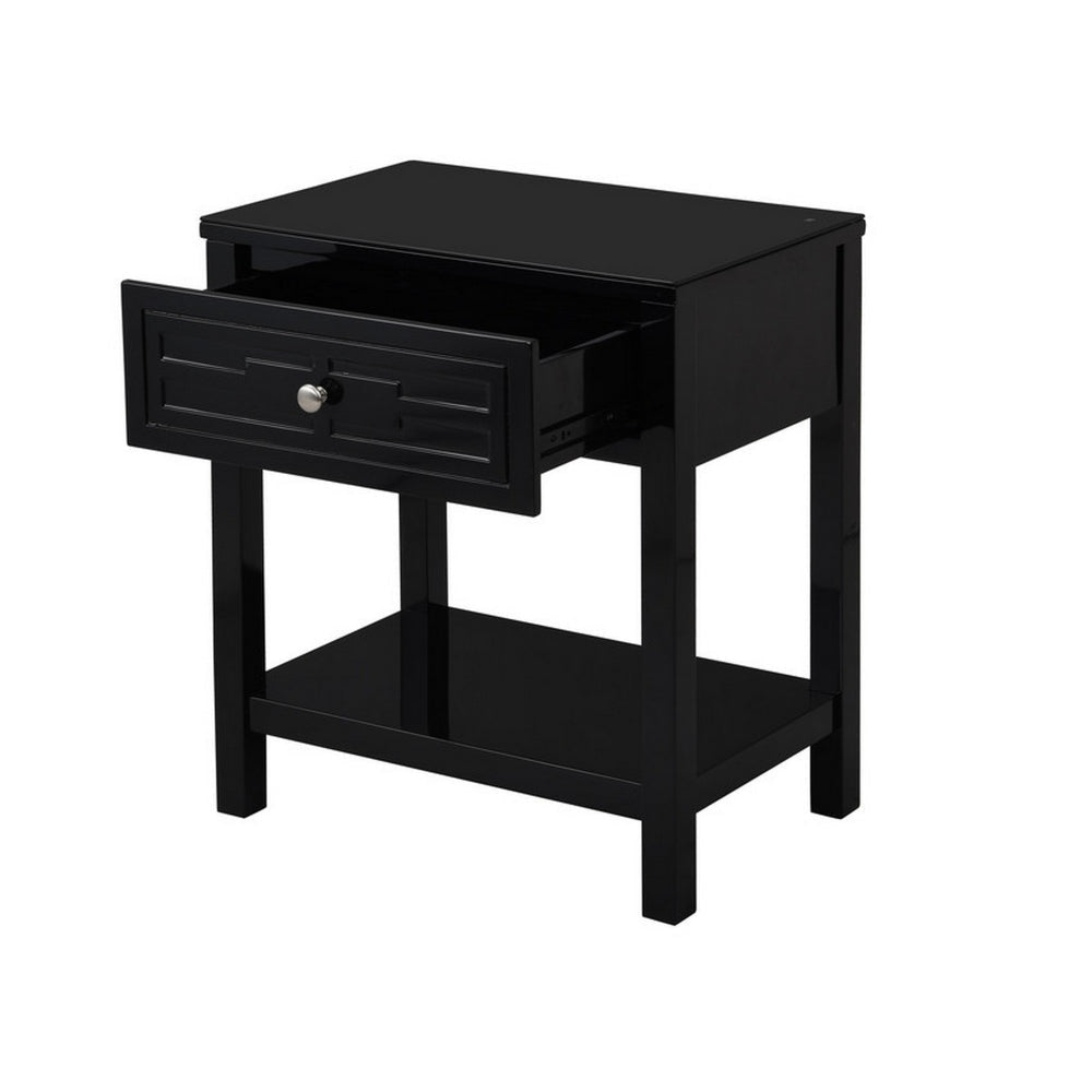 Fimo 27 Inch Nightstand with Drawer and Shelf Glass Top Modern Black Wood By Casagear Home BM302305