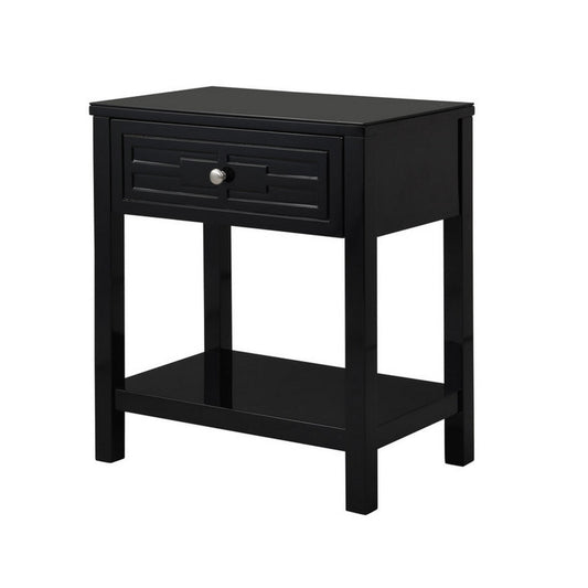 Fimo 27 Inch Nightstand with Drawer and Shelf, Glass Top, Modern Black Wood By Casagear Home