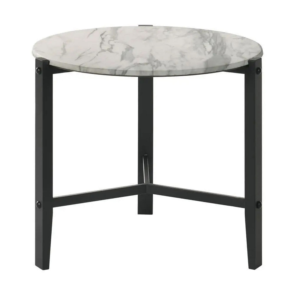 Zuko 24 Inch Round End Table White Faux Marble Design Black Legs By Casagear Home BM302511