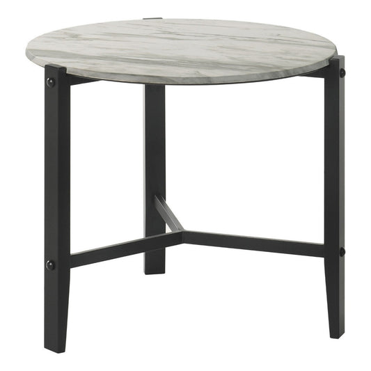 Zuko 24 Inch Round End Table, White Faux Marble Design, Black Legs By Casagear Home