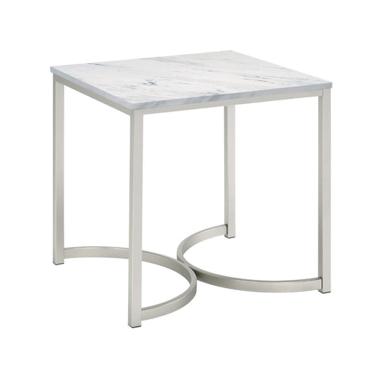 24 Inch End Table, Faux Marble Rectangular Top, Cantilever Steel Base  By Casagear Home