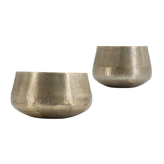 Set of 2 Metal Bowls, Seude Gold Finish, Curved Shape, Streaked Texture By Casagear Home
