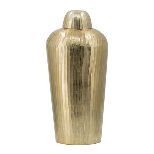 22 Inch Lidded Vase Jar, Tall Curved Silhouette, Hammered Texture, Gold By Casagear Home