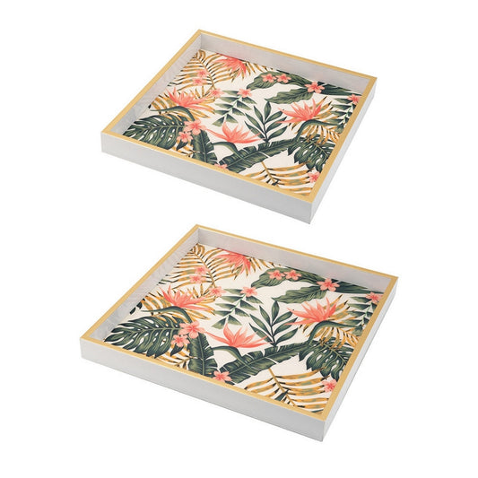 Set of 2 Decorative Trays, Crisp White MDF, Floral Printed PVC, Pink, Green By Casagear Home