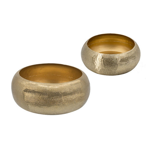 2 Piece Rounded Decorative Bowls, Gold Metal Hammered Texture, Wide Ingress By Casagear Home