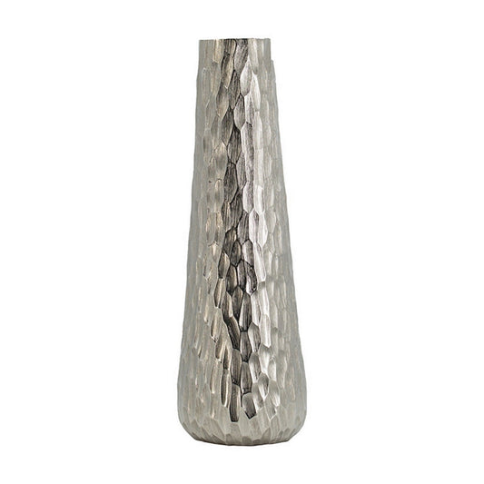 19 Inch Contemporary Tall Oblong Vase, Silver Aluminum, Hammered Texture By Casagear Home
