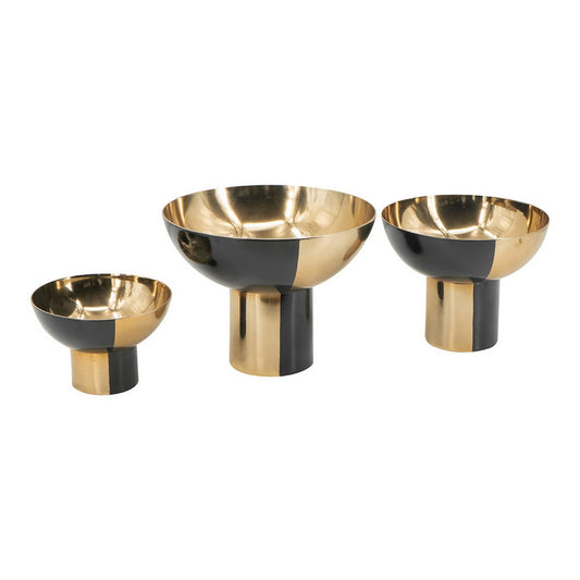 Set of 3 Round Bowls, Black and Gold Aluminum Finish, Sturdy Metal Stand By Casagear Home