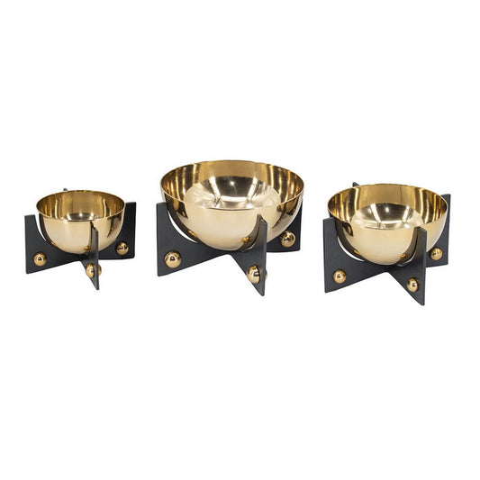 Set of 3 Aluminum Round Decorative Bowls, Gold Finish, Jet Black Stand By Casagear Home