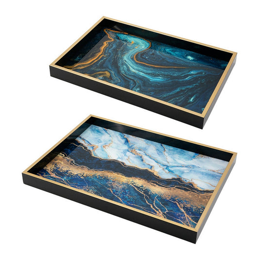 Set of 2 Rectangular Decorative Trays, Tall Rims, Faux Marble, Blue, Gold By Casagear Home