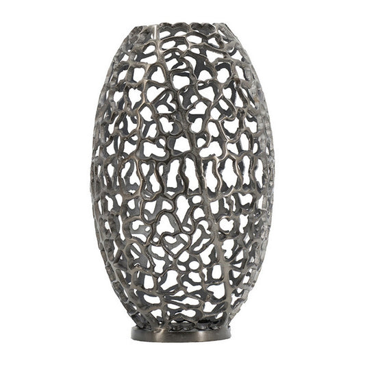 19 Inch Decorative Round Barrel Vase, Cutout Motif, Smoke Black Aluminum By Casagear Home