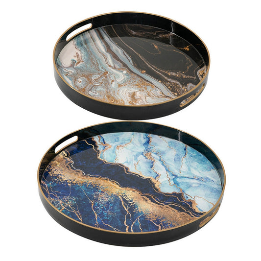 Set of 2 Round Decorative Trays, Tall Rims, Faux Marble, Blue, Gold By Casagear Home