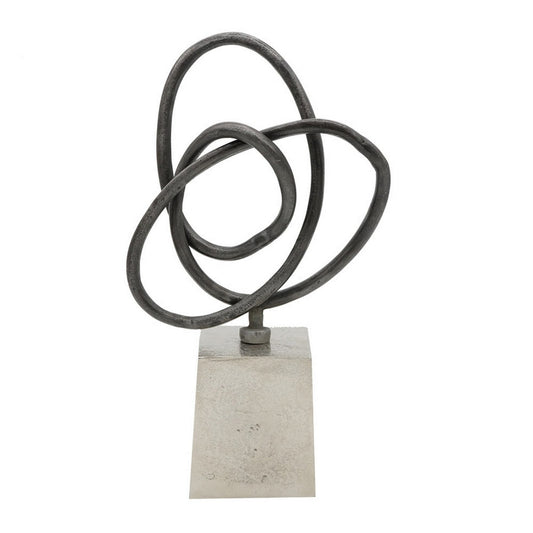9 Inch Table Sculpture, Abstract Loop Design, Block Base, Black, Silver By Casagear Home