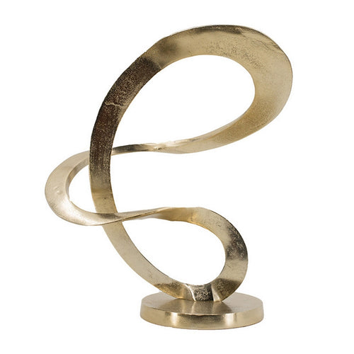 17 Inch Modern Sculpture, Gold Aluminum, Tabletop Decor Loop, Round Base