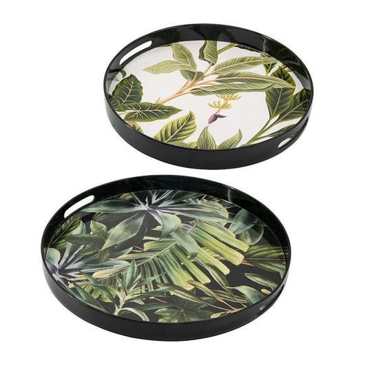 Set of 2 Decorative Trays, Black Plastic Frame, Lush Palm Leaf Printing By Casagear Home