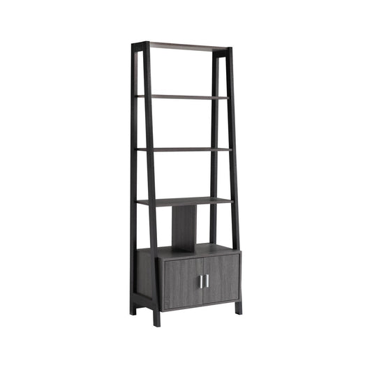 70 Inch Ladder Bookcase with Double Door Cabinet, 3 Shelves, Gray, Black By Casagear Home