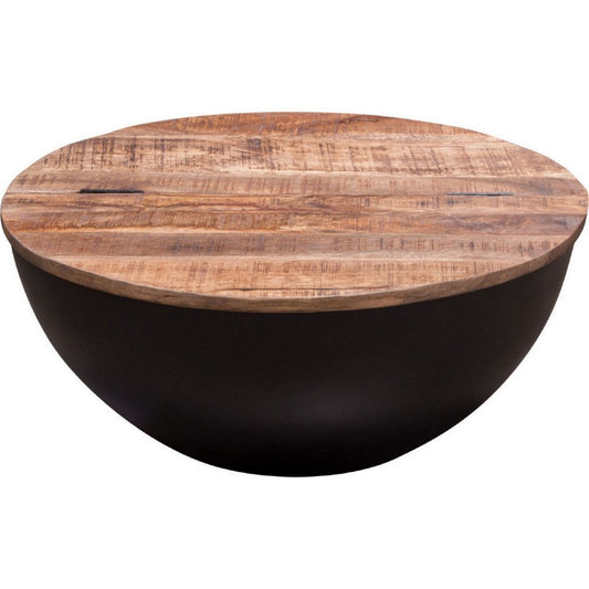 28 Inch Storage Coffee Table, Round Drum Silhouette, Brown Wood, Black Base By Casagear Home