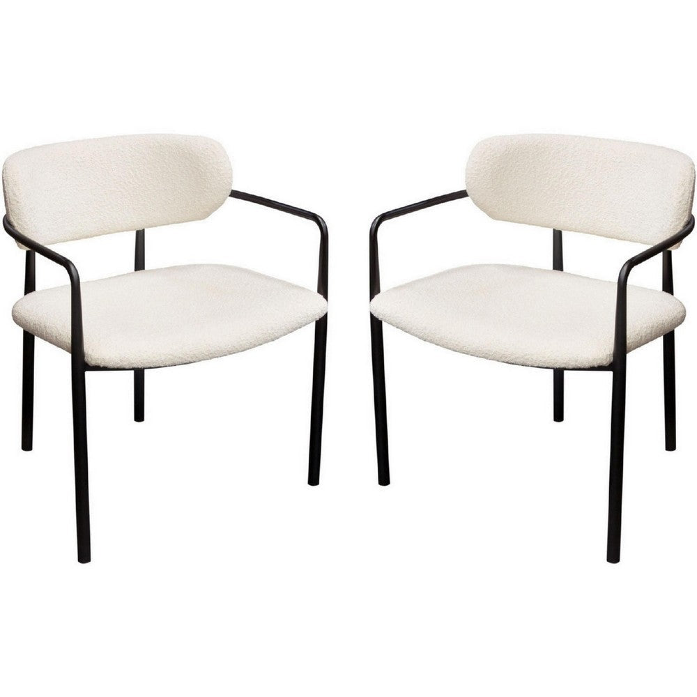 Oke 26 Inch Padded Dining Chair, Set of 2, Black, Ivory Boucle Upholstery By Casagear Home