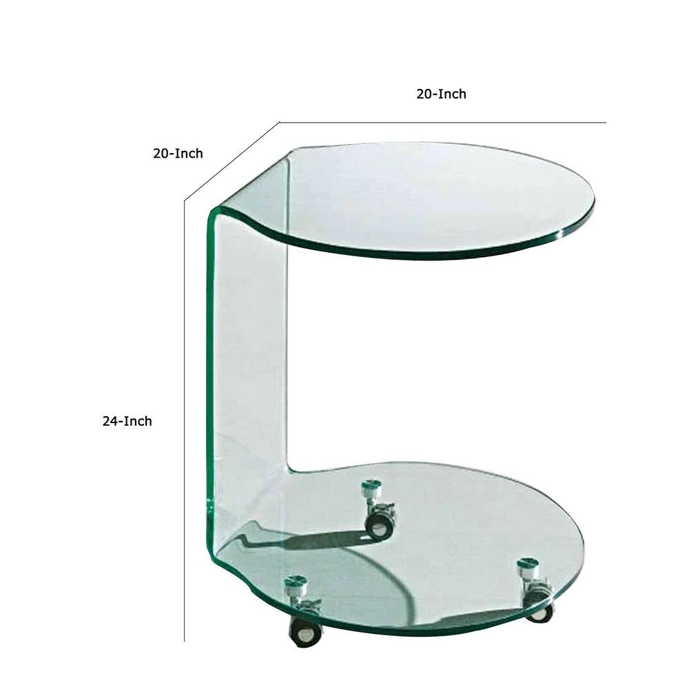 24 Inch Curved Glass End Table Cylindrical Design Caster Wheels Clear By Casagear Home BM304671