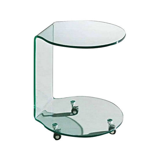 24 Inch Curved Glass End Table, Cylindrical Design, Caster Wheels, Clear By Casagear Home