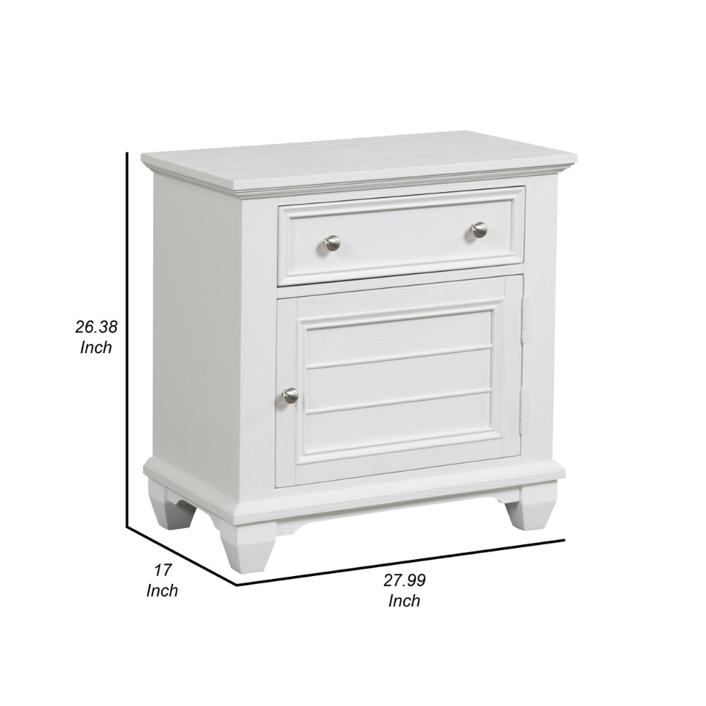 Jims 28 Inch Nightstand Single Door and Drawer Cup Handles White Wood By Casagear Home BM304791