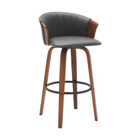 Oja 30 Inch Swivel Barstool Chair, Gray Faux Leather, Curved, Walnut Brown By Casagear Home