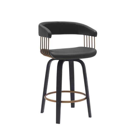 Maya 26 Inch Swivel Counter Chair, Black Faux Leather, Bronze Metal Slats By Casagear Home
