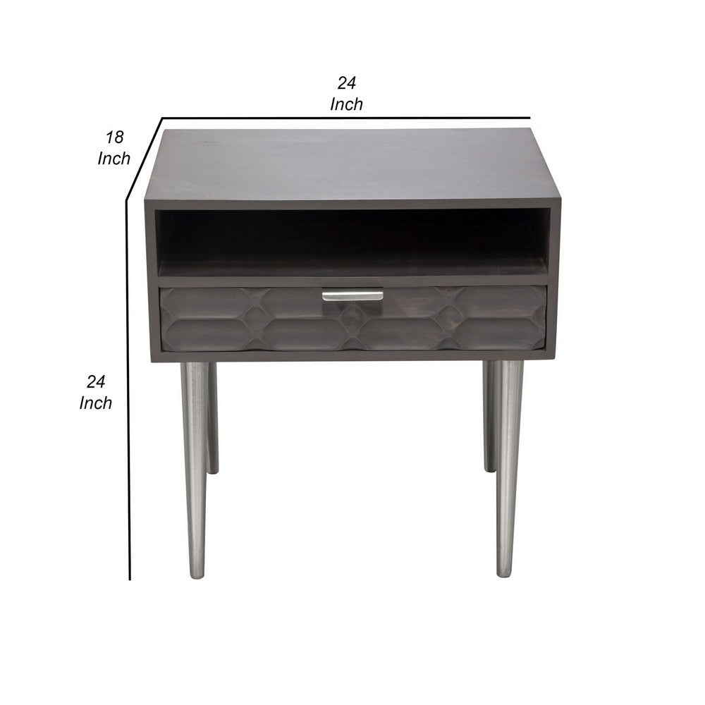 24 Inch Embossed Side End Table 1 Gliding Drawer Single Shelf Smoke Gray By Casagear Home BM305035