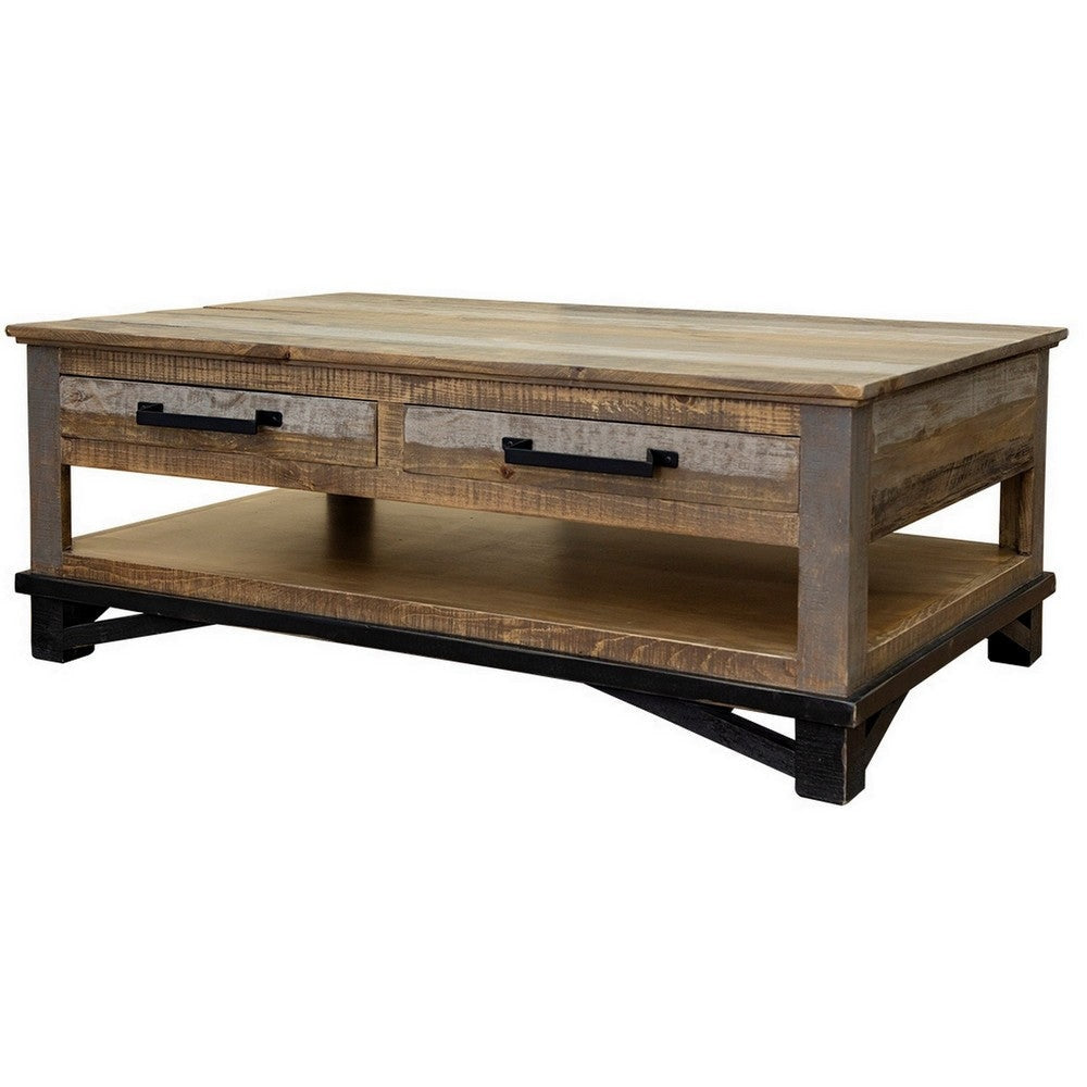 Peya 50 Inch 4 Drawer Coffee Table Shelf Distressed Gray Brown Pine Wood By Casagear Home BM305687
