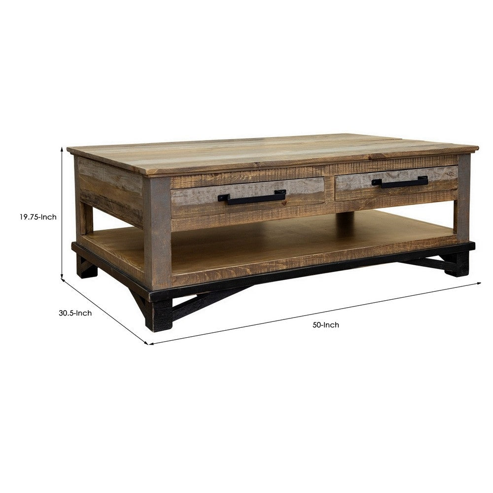 Peya 50 Inch 4 Drawer Coffee Table Shelf Distressed Gray Brown Pine Wood By Casagear Home BM305687