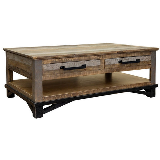 Peya 50 Inch 4 Drawer Coffee Table, Shelf, Distressed Gray, Brown Pine Wood By Casagear Home