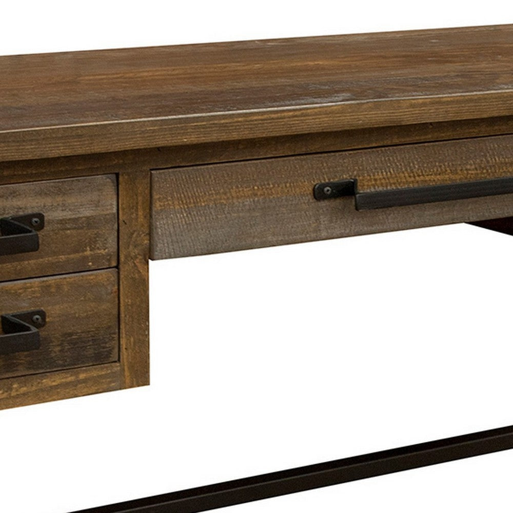 Peya 61 Inch 4 Drawer Desk Keyboard Tray Distressed Gray Brown Pine Wood By Casagear Home BM305689