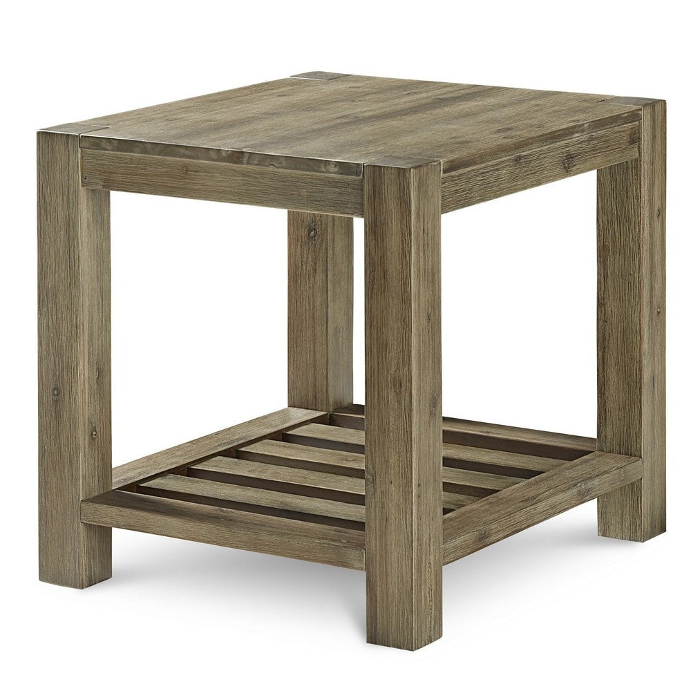 Cyon 28 Inch Side End Table Washed Gray and Brown Wood Open Shelf By Casagear Home BM306036