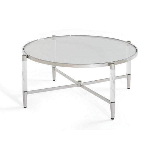 Mase 40 Inch Round Coffee Table, Glass Top, Clear Acrylic Legs, Steel Frame By Casagear Home