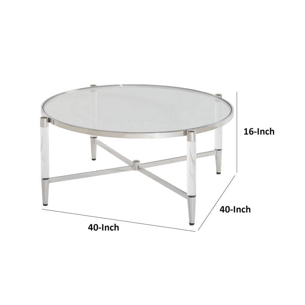 Mase 40 Inch Round Coffee Table Glass Top Clear Acrylic Legs Steel Frame By Casagear Home BM306052