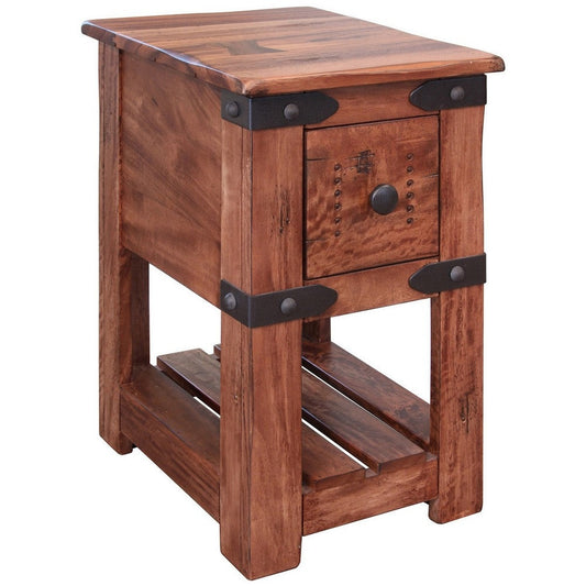 Umey 24 Inch 1 Drawer Narrow Chairside End Table, Belt Accents, Brown Wood By Casagear Home