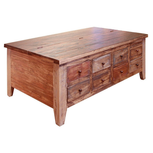 Fena 50 Inch 8 Drawer Coffee Table, Lift Top, Multicolor Distress Pine Wood By Casagear Home