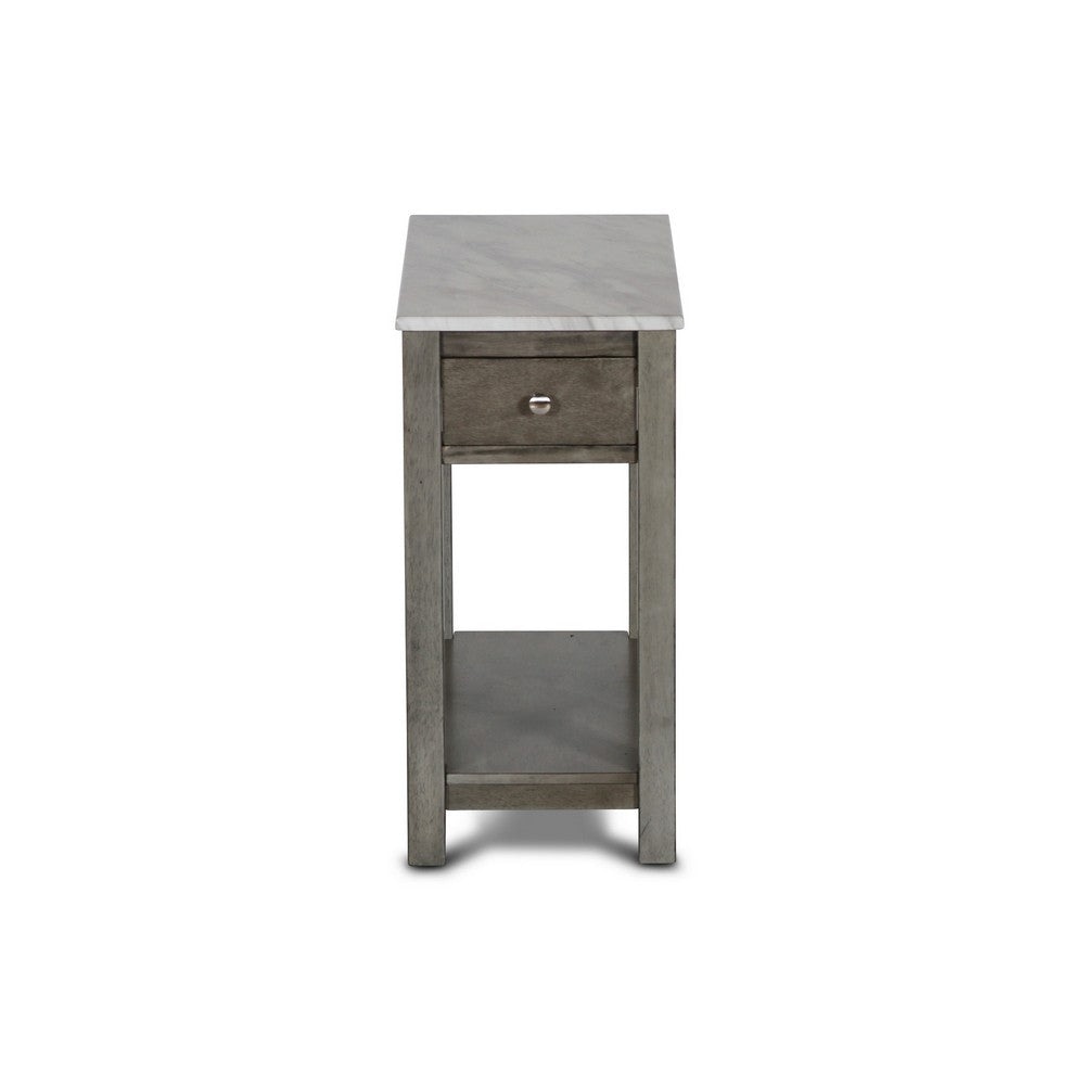 Zeva 24 Inch Narrow Side End Table Faux Marble Top 1 Drawer Gray By Casagear Home BM306717