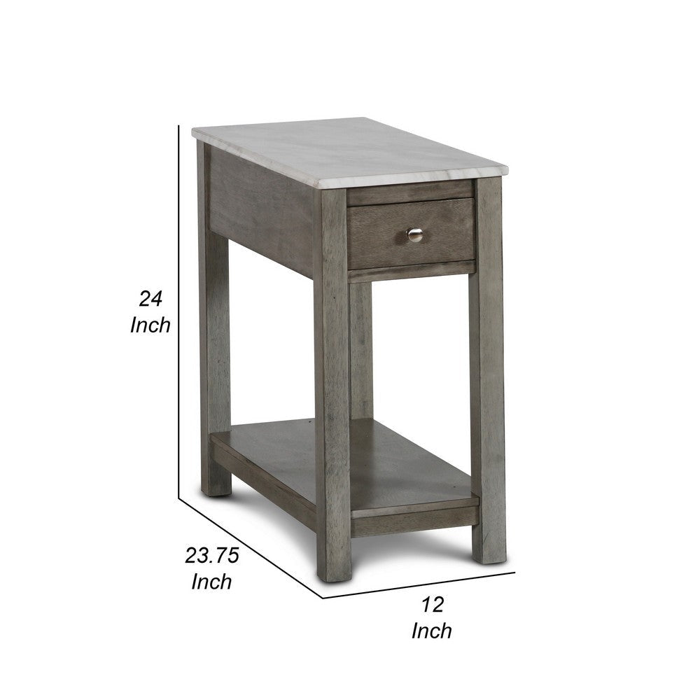 Zeva 24 Inch Narrow Side End Table Faux Marble Top 1 Drawer Gray By Casagear Home BM306717
