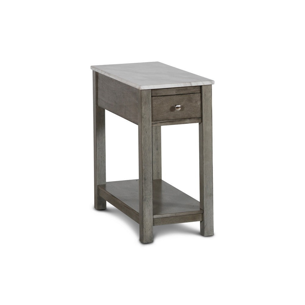 Zeva 24 Inch Narrow Side End Table, Faux Marble Top, 1 Drawer, Gray By Casagear Home