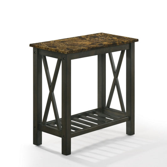 Elena 24 Inch Narrow Side Table, Lower Slatted Shelf, Faux Marble, Espresso By Casagear Home