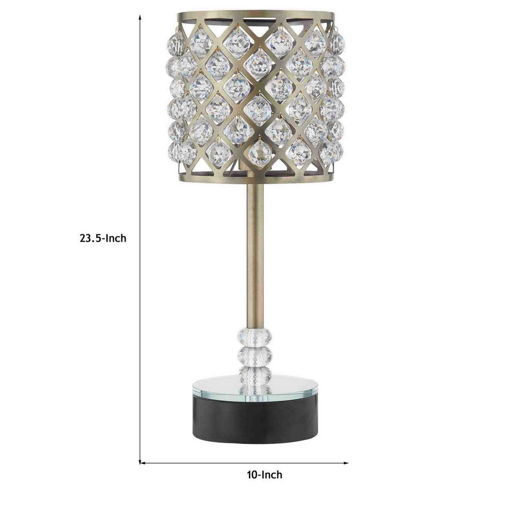 Dany 24 Inch Table Lamp with Crystal Drum Shade, Black Metal, Antique Brass By Casagear Home