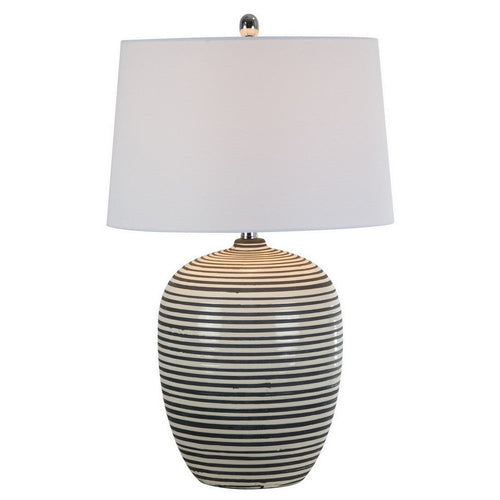 28 Inch Table Lamp, Lined Design, Empire Shade, Ceramic, Beige Taupe By Casagear Home