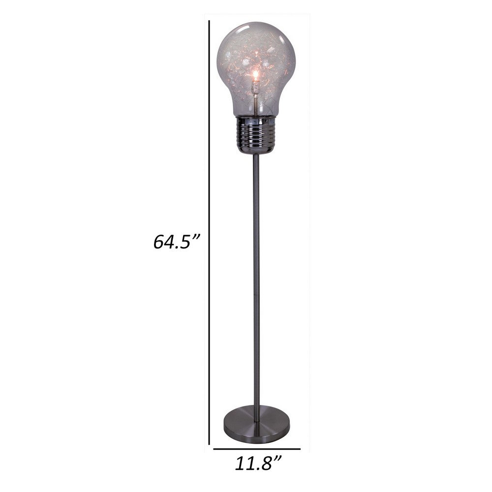 Febe 65 Inch Floor Lamp, Large Bulb Shade, Glass, Metal, Black Nickel By Casagear Home