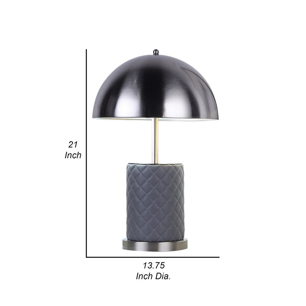 Aria 21 Inch Table Lamp, Dome Shade, Round, Gray Faux Leather, Dark Silver By Casagear Home